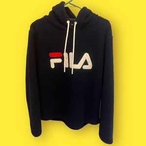 FILA Vintage 90s Women's Pullover Sherpa Hoodie Hooded Sweatshirt Blue Large